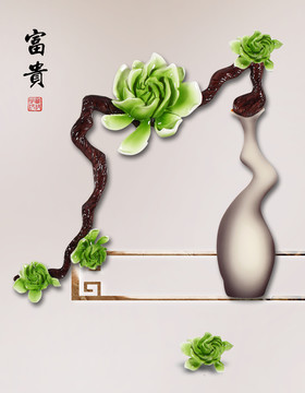新中式简烤瓷浮雕牡丹花瓶装饰画