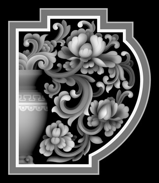 牡丹灰度图异形边框角花边花浮雕