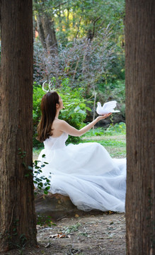 林中穿白纱女孩