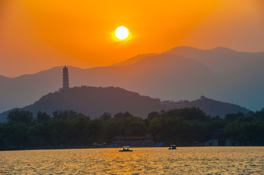 北京颐和园昆明湖落日