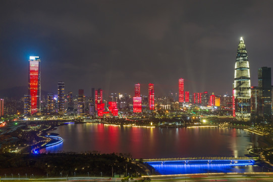 航拍深圳南山区后海夜景灯光秀