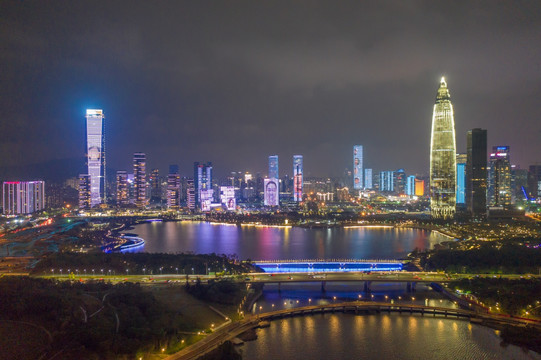 航拍深圳南山区后海夜景灯光秀