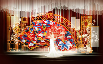 红色新中式婚礼舞台设计