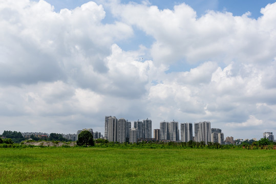 蓝天白云城市绿地背景