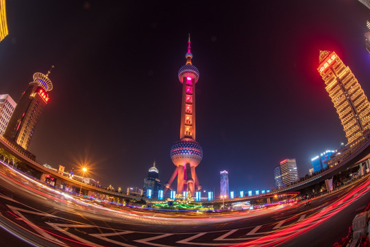 上海陆家嘴东方明珠全景鱼眼夜景