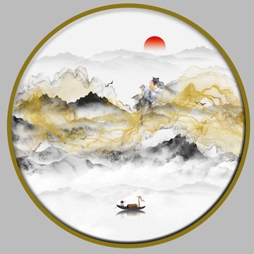 金色线条山水画