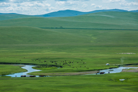 草原河流蒙古包牛马羊群