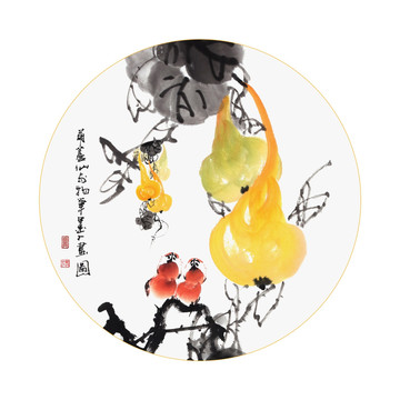 新中式水墨花卉黄金葫芦餐厅挂画