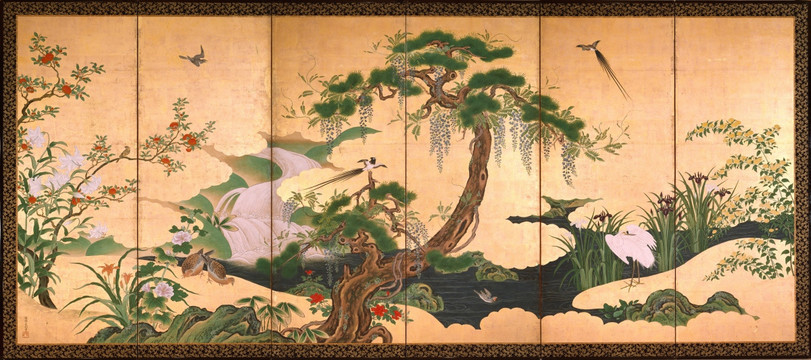 狩野永納春夏花鸟图屏风