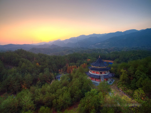 金华大佛寺罗汉堂晚霞航拍