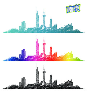 南京地标线描手绘