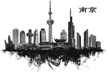 南京地标线描手绘