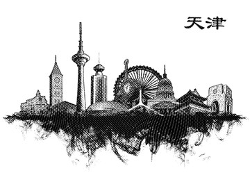 天津地标线描手绘