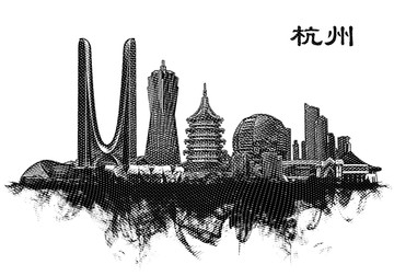 杭州地标线描手绘