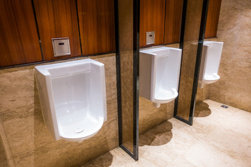 男公共厕所里一排自动冲水式小便