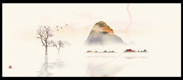 意境茶艺室壁画山峰山水画