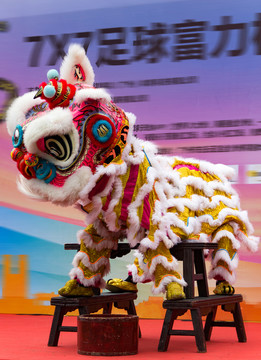中国习俗舞狮狮子上板凳
