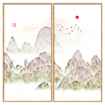 禅意屏风画云雾山水画
