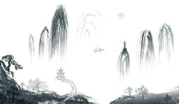 日出东山横幅水墨画国画