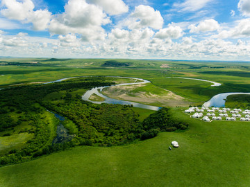 湿地草原河流蒙古包