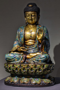 铜胎珐琅彩鎏金三身佛莲花坐