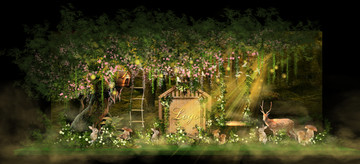 绿色自然森系婚礼迎宾舞台效果图