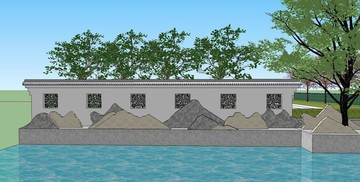 中式景墙片岩石栏杆SU模型
