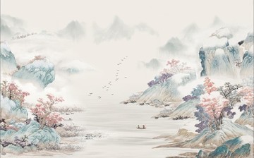 新中式彩色水墨山水背景墙