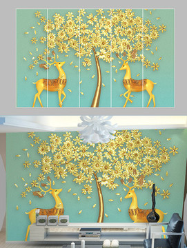 3d立体浮雕鹿花树电视背景墙