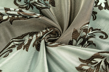 淡绿色大花丝绸质地化纤窗帘布背