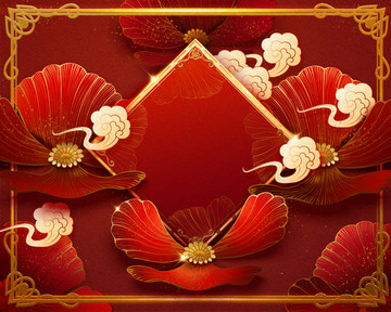 中国新年花朵与斗方背景