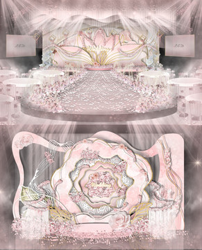 粉色白色唯美婚礼舞台合影效果图
