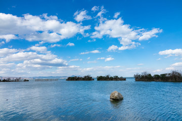 蓝天白云下的滇池湿地风光