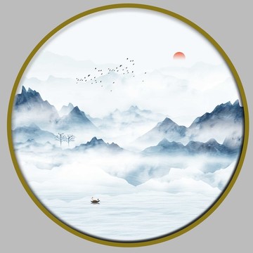新中式圆形水墨装饰画山水画