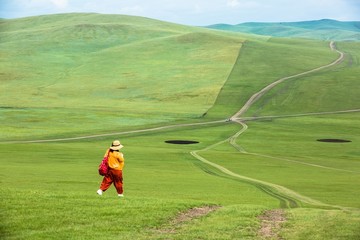 丘陵草原行走的女人