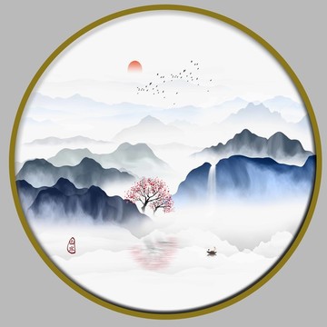 日式水墨装饰意境山水画