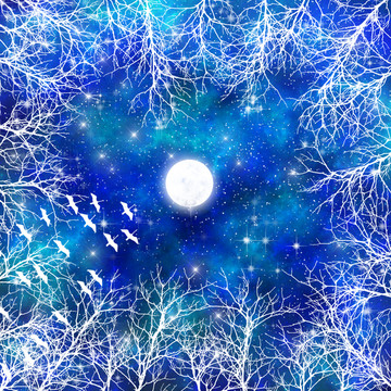 蓝色高清树影星空宇宙装饰画