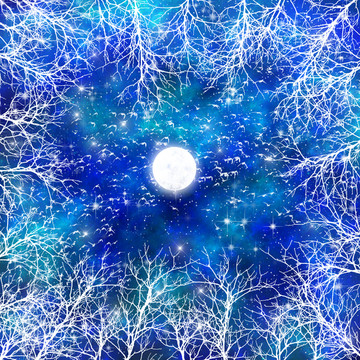 蓝色高清树影星空宇宙装饰画