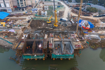 航拍建设中的南京六合龙津桥4