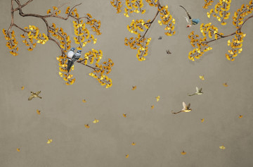 大型银杏花鸟背景墙壁画