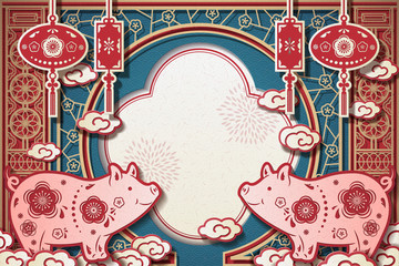 剪纸猪年春节贺卡背景模板