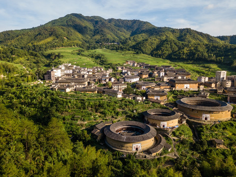 航拍中国福建初溪客家土楼群