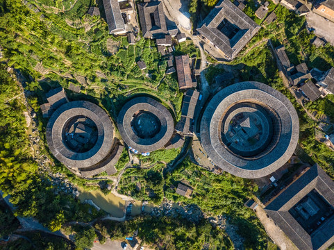 航拍中国福建初溪客家土楼群