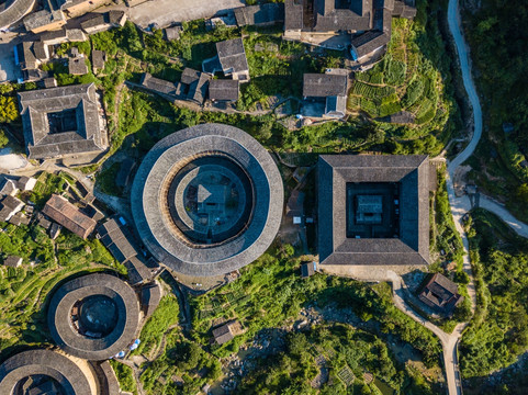 航拍中国福建初溪客家土楼群