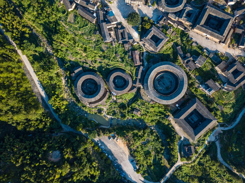 航拍中国福建初溪客家土楼群