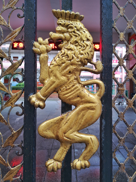铁门上的金色狮子特写
