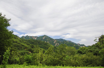 千山桃花溪谷树木山峰与满天白云