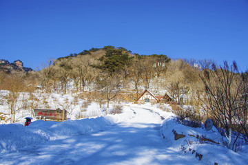 千山桃花溪谷山峰山路雪景