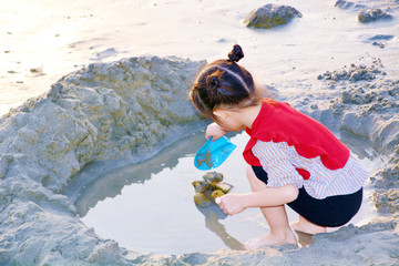 海边沙滩挖坑的小女孩