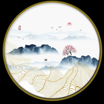 线条圆形山水画